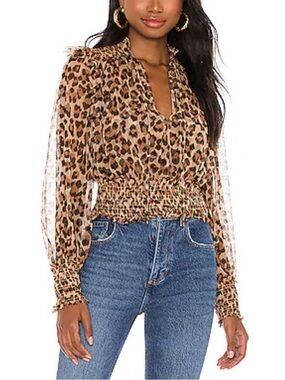Free People - Twlya Leopard Printed Combo Ruffle Sheer Long Sleeve Blouse Medium